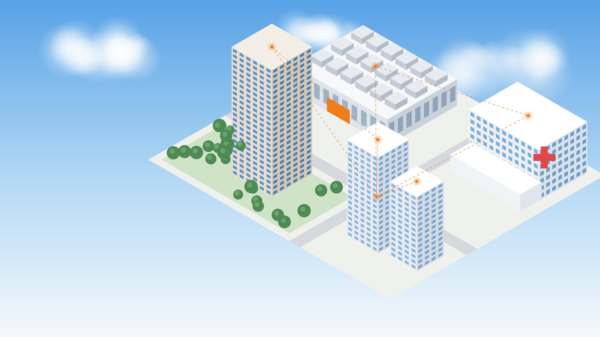 Illustration of a connected campus: hotel, hospital, data centre and residential towers linked by building systems
